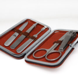 Manicure Set, 5 stainless pieces; Brown pleather clip case<br>94-JBMAN10