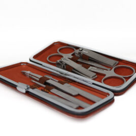 Manicure Set, 8 stainless pieces; Brown pleather clip case<br>94-JBMAN11